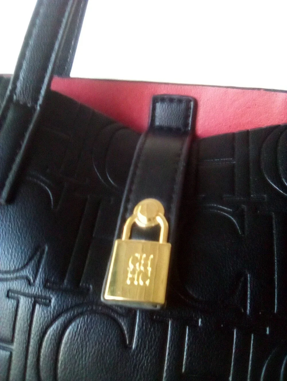 Women’s Embossed CHCH Logo Tote Bag in Black with Red Interior - Picture 4 of 10
